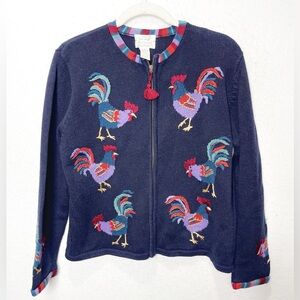 Christopher & Banks Rooster Sweater Hand Embroidered Navy Cottagecore Country